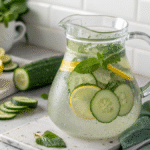 Refreshing cucumber lemon water in glass pitcher on kitchen counter