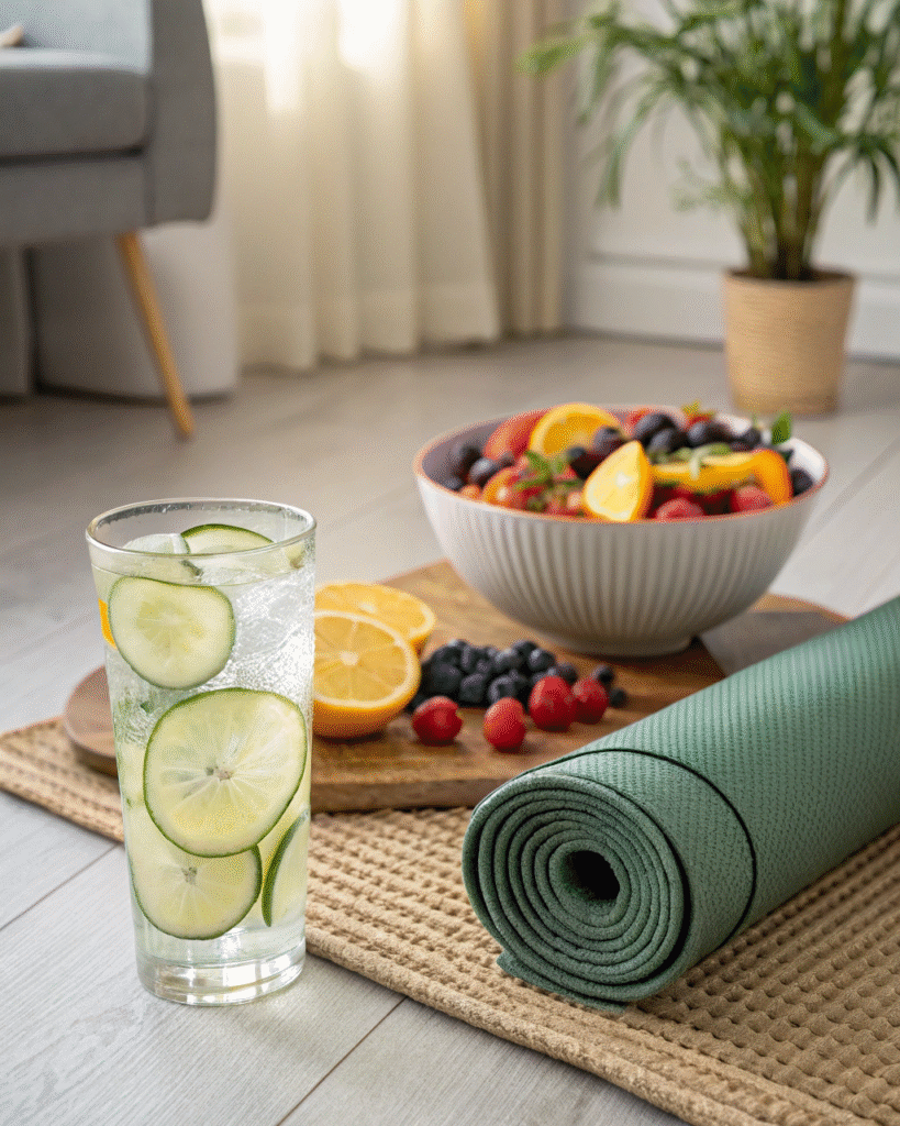 Cucumber Lemon Water: Refreshing Detox Power Drink for Every Day 6 Cucumber lemon water next to yoga mat and fruits