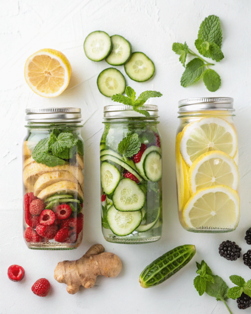 Cucumber Lemon Water: Refreshing Detox Power Drink for Every Day 8 Three jars of cucumber lemon water with different add-ins