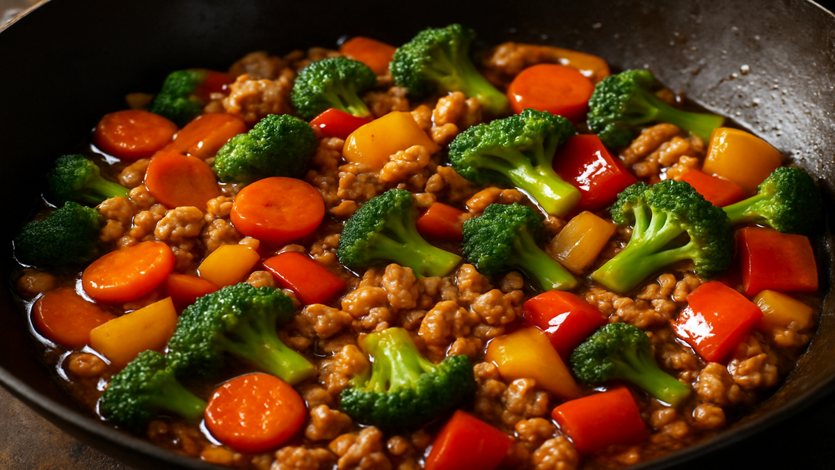 Ground chicken stir fry in wok with colorful vegetables and sauce