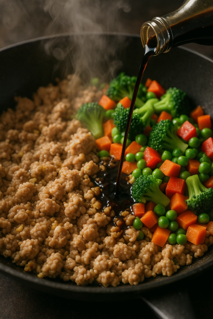 Ground Chicken Stir Fry: The Best Quick and Healthy Dinner Recipe 3 Ground chicken stir fry cooking in skillet with sauce