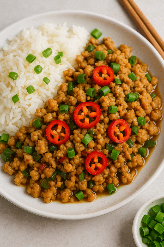 Ground Chicken Stir Fry: The Best Quick and Healthy Dinner Recipe 4 Plated ground chicken stir fry with rice